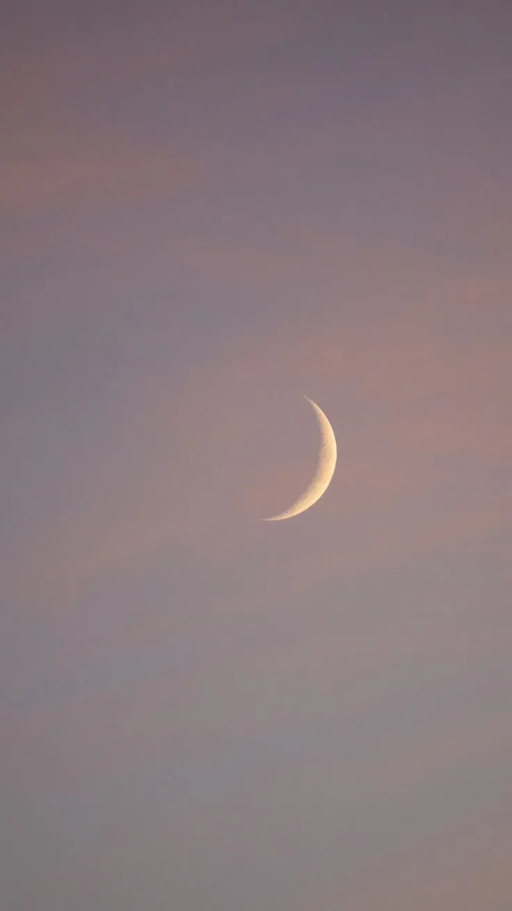 Crescent moon in a soft lavender-pink dusk sky