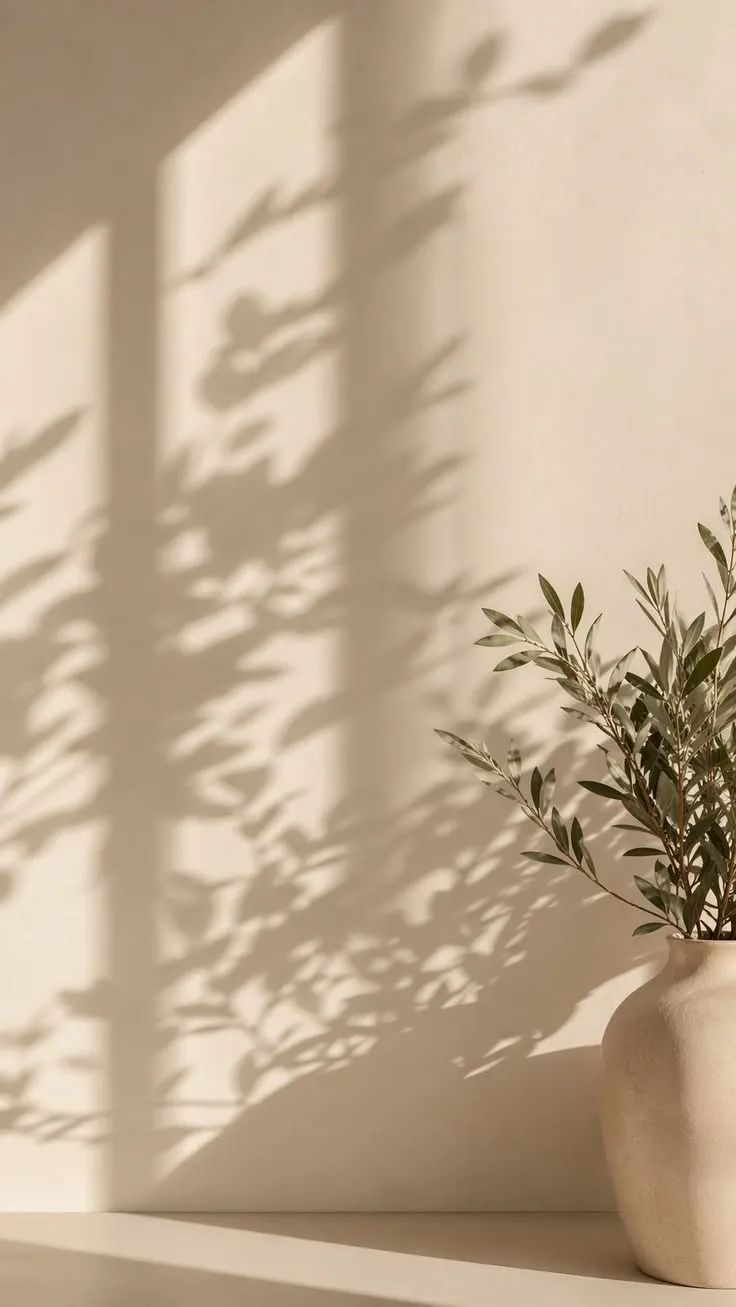 An olive branch in a cream vase with soft window-light shadows on a warm wall