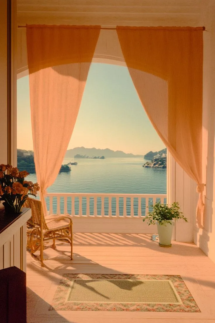 A warm porch with peach curtains open to a calm sea view and a wicker rocking chair