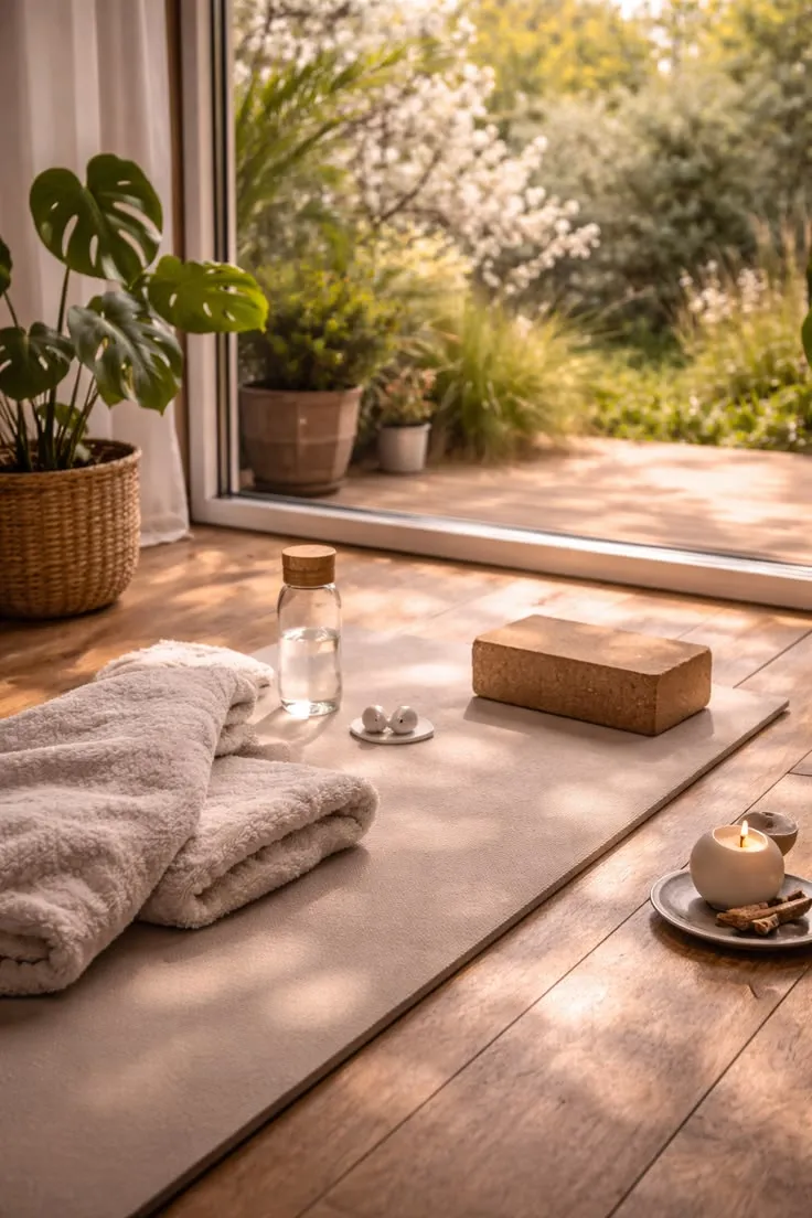 A yoga mat by an open window in golden light